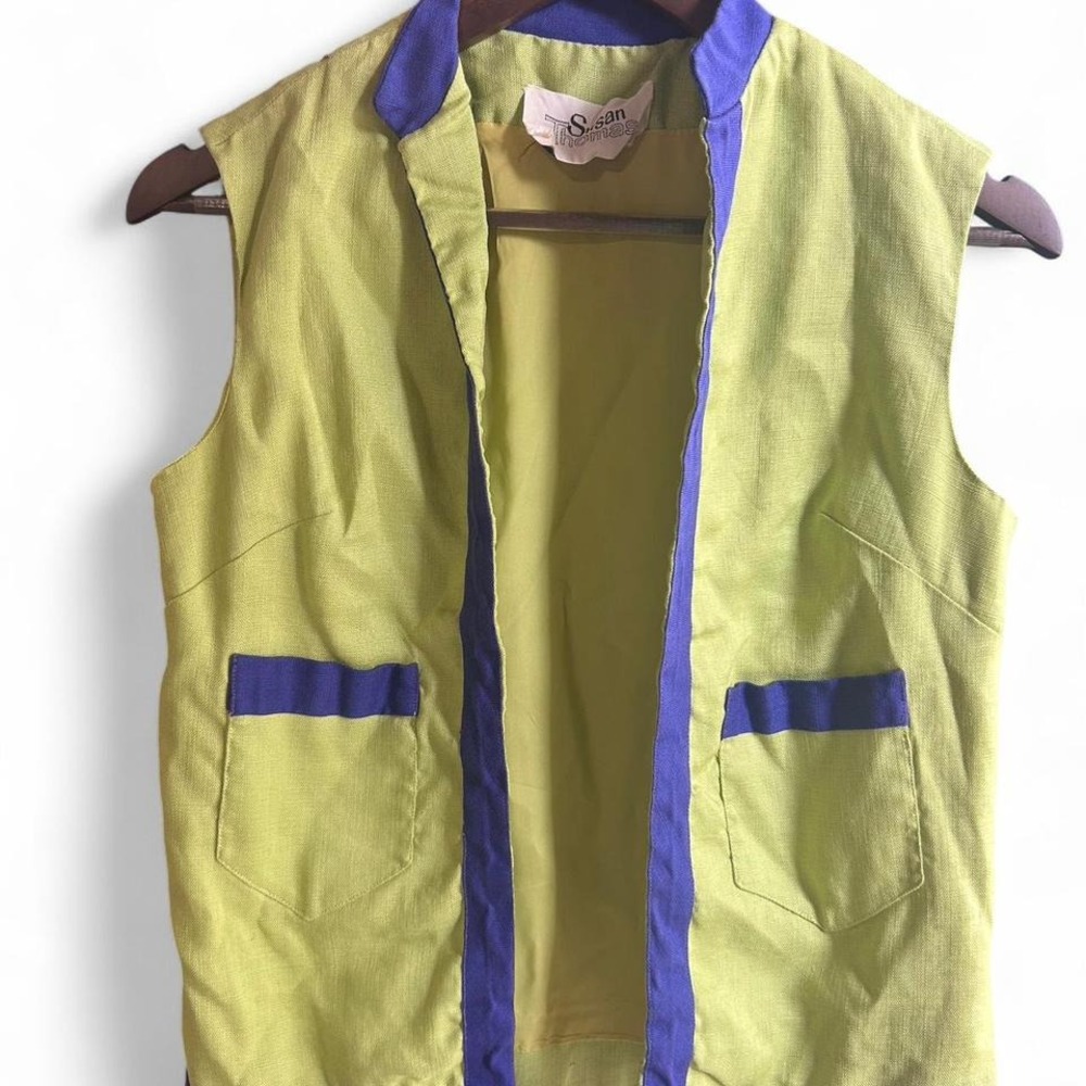 WOMENS 100% LINEN FUNKY RETRO LIME/PURPLE VEST‎ MEDIUM